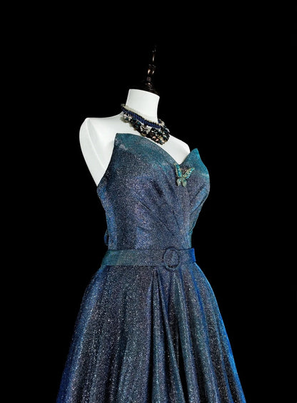 Robe de bal vintage bleu marine à sequins, décolleté cœur, années 70, longue, idéale pour les soirées (N1832)