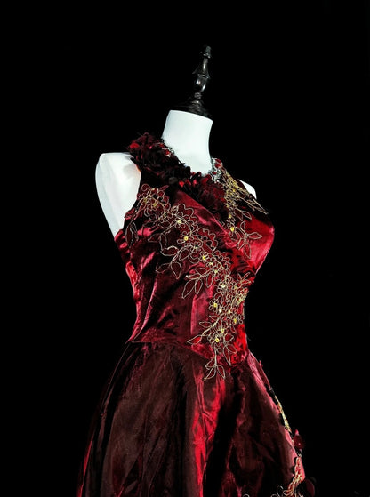 Vintage A-Linien-Abendkleid aus burgunderrotem Satin im Stil der 80er Jahre, formelles Geburtstagskleid, langes Ballkleid N1758