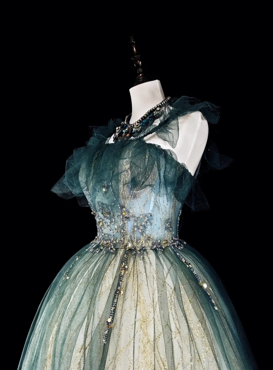 Vintage Prom Dresses Ball Gown Straps Green Tulle With Ruffle 1980s Long Formal Gown N2712