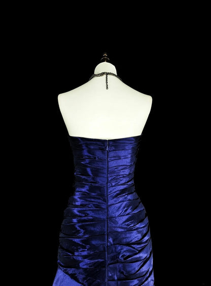 Robe de soirée sirène vintage en satin bleu royal, style années 80, idéale pour un anniversaire ou un bal de promo (N1756)