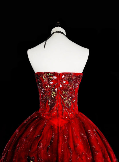 Vintage Prom Dresses Ball Gown Strapless Burgundy Tulle 2000s Long Party Dress N2383
