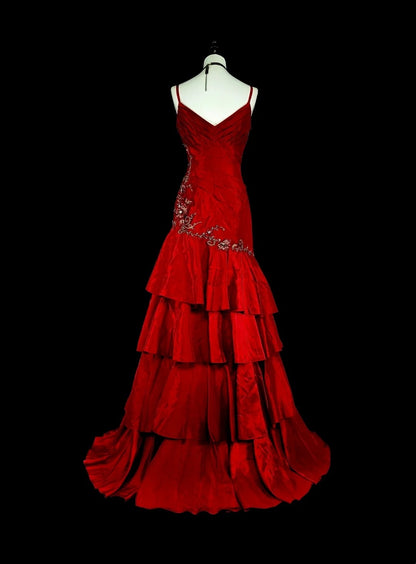 Vintage Meerjungfrauen-Abendkleid aus den 1980er Jahren, rot mit Spaghettiträgern, Applikationen, ärmellos, lang, festlich, N1601