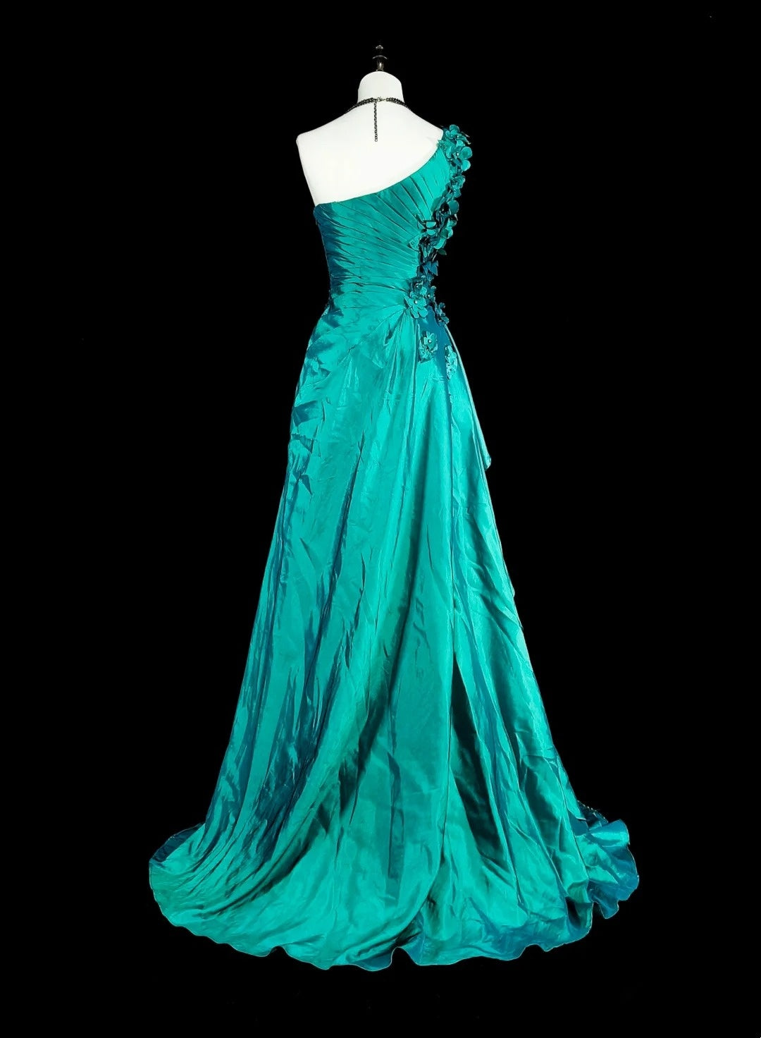 Robe de bal longue vintage sirène asymétrique verte années 70 avec plis et perles, N1838