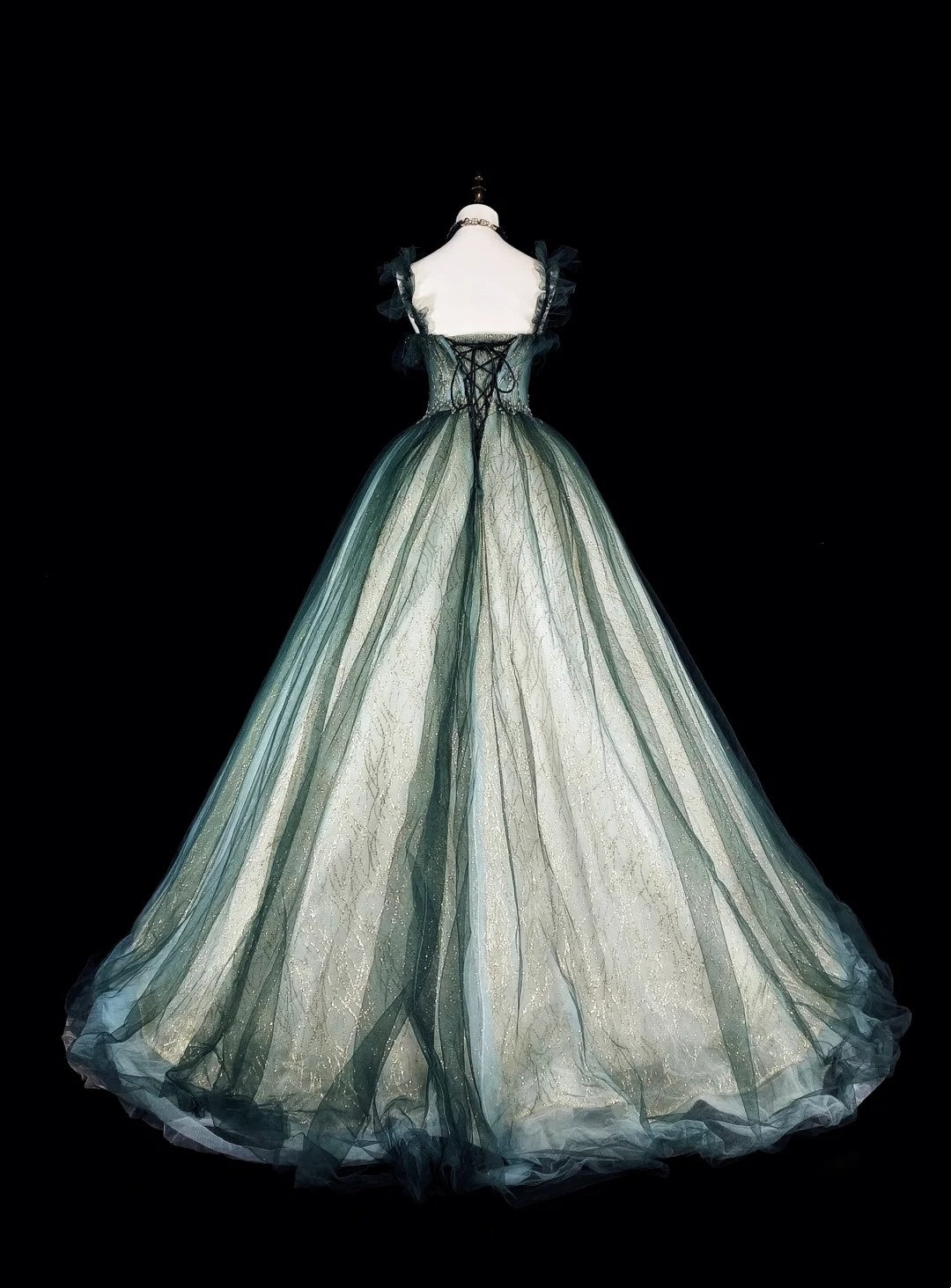 Vintage Prom Dresses Ball Gown Straps Green Tulle With Ruffle 1980s Long Formal Gown N2712