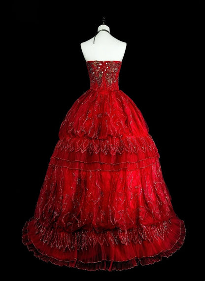 Vintage Prom Dresses Ball Gown Strapless Burgundy Tulle 2000s Long Party Dress N2383