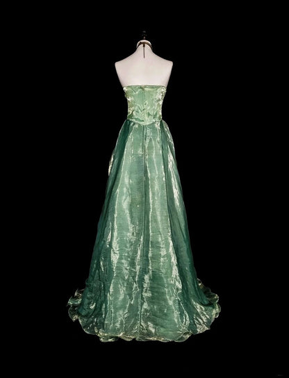 Robe de bal longue vintage vert sauge, bustier, coupe trapèze, en organza, années 70, référence N1835