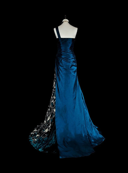 Vintage Ballkleider Meerjungfrau One Shoulder Marineblaues Satin mit Perlen Spitze Langes Partykleid N2371