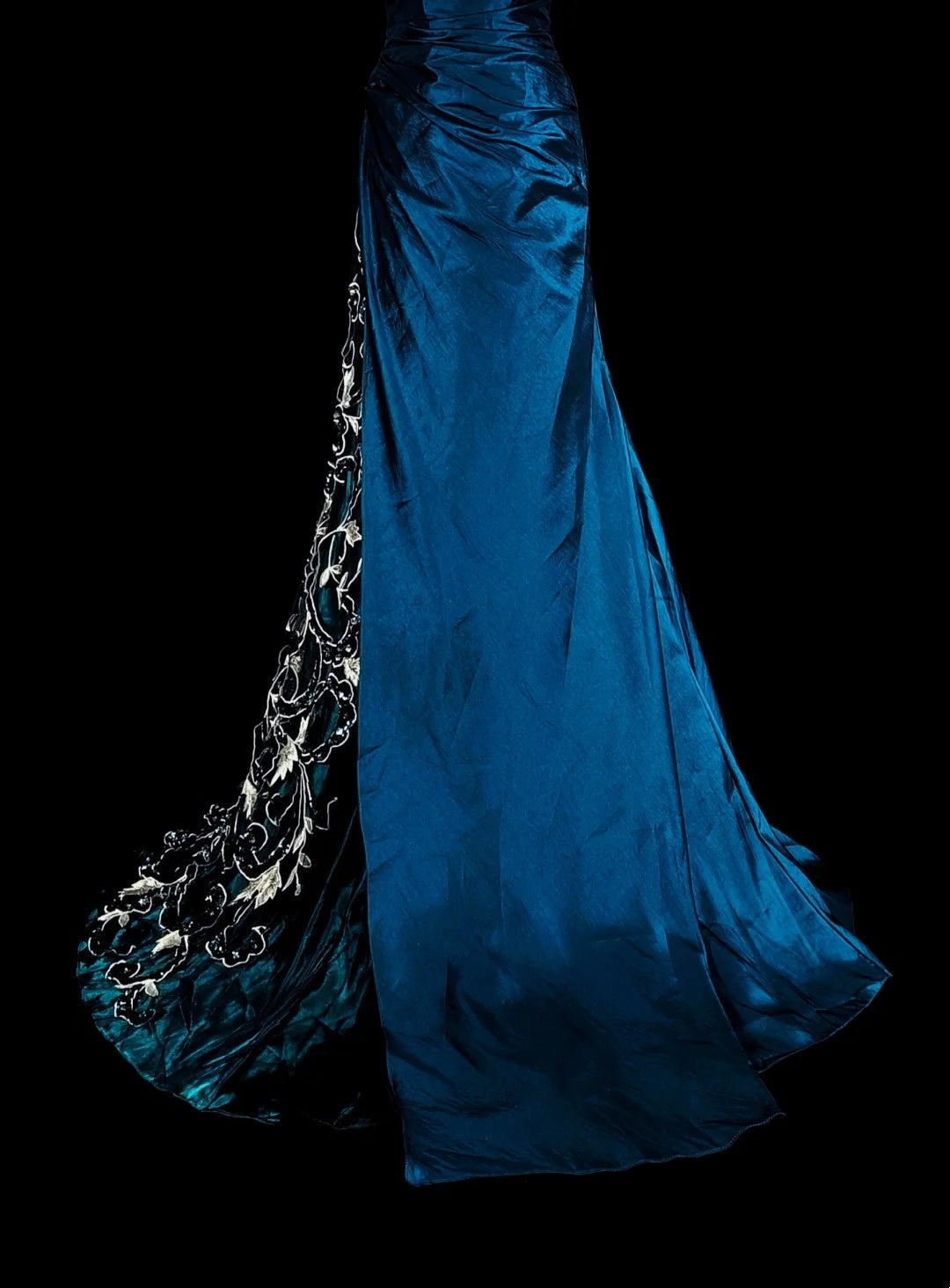 Vintage Ballkleider Meerjungfrau One Shoulder Marineblaues Satin mit Perlen Spitze Langes Partykleid N2371