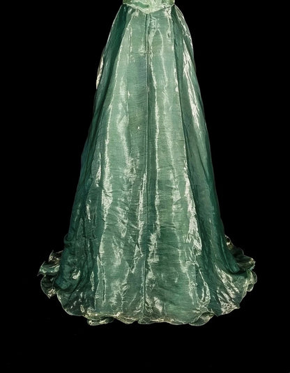 Robe de bal longue vintage vert sauge, bustier, coupe trapèze, en organza, années 70, référence N1835