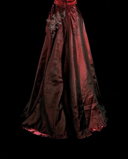 Vintage A-Linien-Abendkleid aus burgunderrotem Satin im Stil der 80er Jahre, formelles Geburtstagskleid, langes Ballkleid N1758