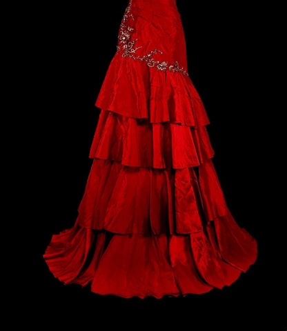 Robe de bal longue rouge vintage sirène à fines bretelles et ornée de dentelle et de perles, N1828
