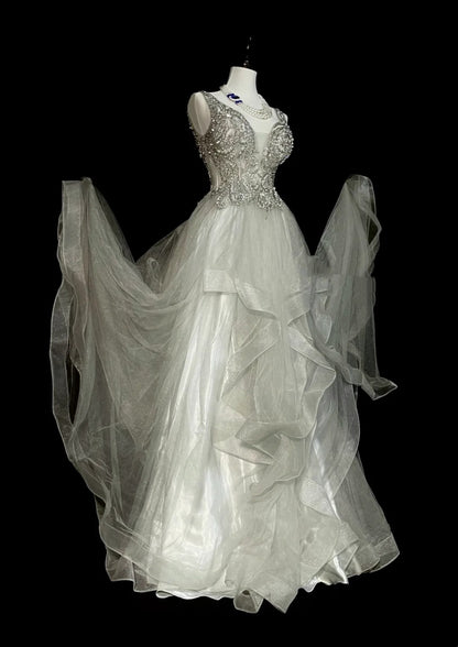 Vintage Ball Gown V Neck Silver Tulle With Beaded Prom Sweet 16 Dresses Quinceanera Dress Long 15 Vestidos De Fiesta N1439