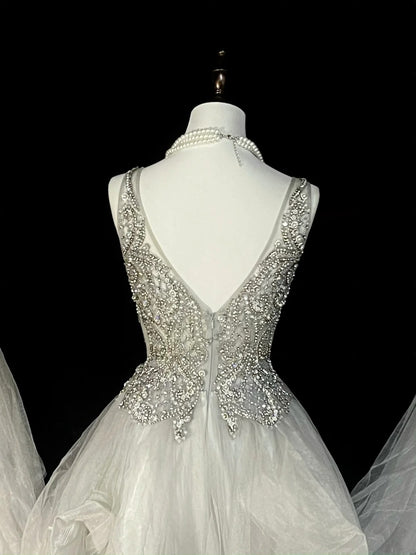 Vintage Ball Gown V Neck Silver Tulle With Beaded Prom Sweet 16 Dresses Quinceanera Dress Long 15 Vestidos De Fiesta N1439