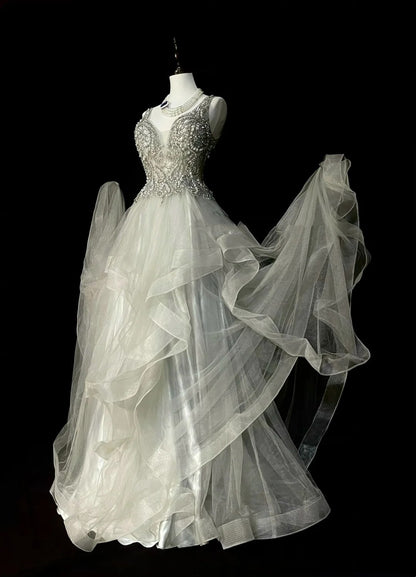 Vintage Ball Gown V Neck Silver Tulle With Beaded Prom Sweet 16 Dresses Quinceanera Dress Long 15 Vestidos De Fiesta N1439