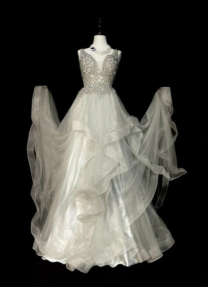 Vintage Ball Gown V Neck Silver Tulle With Beaded Prom Sweet 16 Dresses Quinceanera Dress Long 15 Vestidos De Fiesta N1439