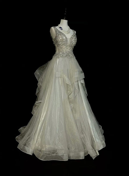 Vintage Ball Gown V Neck Silver Tulle With Beaded Prom Sweet 16 Dresses Quinceanera Dress Long 15 Vestidos De Fiesta N1439
