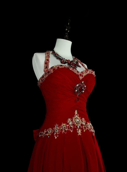 Robe de bal longue rouge vintage années 1760, coupe trapèze, dos nu, nœud papillon dans le dos, sans manches, plissée, N1587