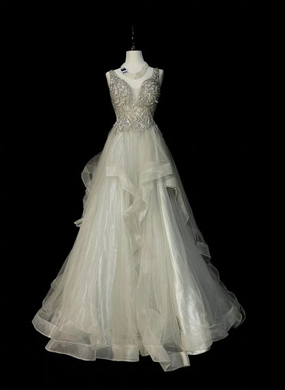 Vintage Ball Gown V Neck Silver Tulle With Beaded Prom Sweet 16 Dresses Quinceanera Dress Long 15 Vestidos De Fiesta N1439