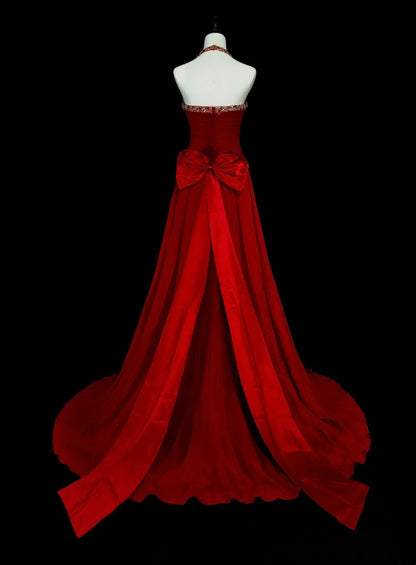 Robe de bal longue rouge vintage années 1760, coupe trapèze, dos nu, nœud papillon dans le dos, sans manches, plissée, N1587