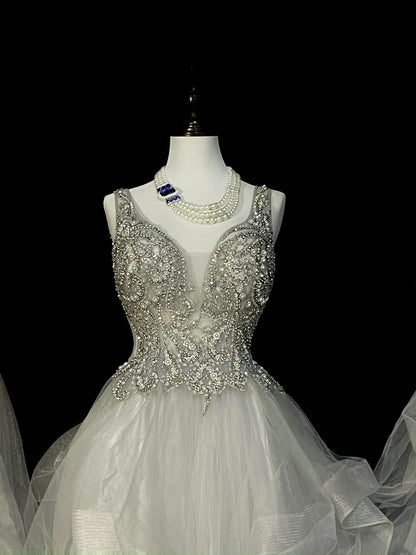 Vintage Ball Gown V Neck Silver Tulle With Beaded Prom Sweet 16 Dresses Quinceanera Dress Long 15 Vestidos De Fiesta N1439