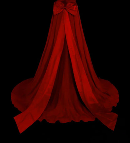 Robe de bal longue rouge vintage années 1760, coupe trapèze, dos nu, nœud papillon dans le dos, sans manches, plissée, N1587
