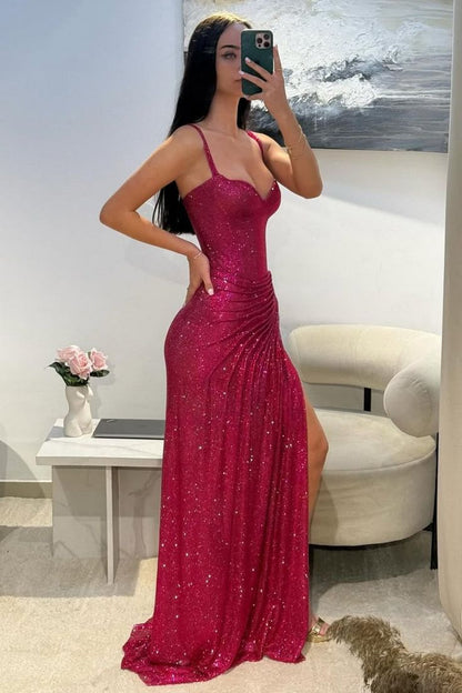 Hot Pink Glitter Bodycon Prom Dresses 2026 with Sweetheart Neck Spaghetti Straps Ruched Side Slit Vestidos Evening Gowns AB494