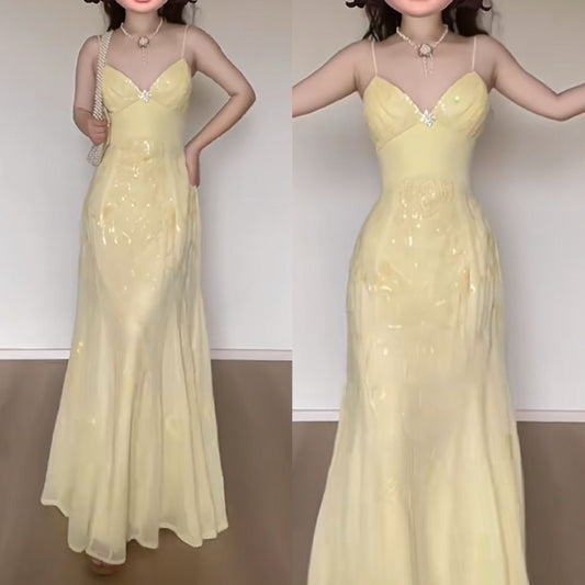 Elegantes, langes, gelbes Chiffon-Abendkleid mit Spaghettiträgern im Meerjungfrauenstil für Schülerinnen und Mädchen, formelles Abendkleid für Hochzeitsgäste N1008