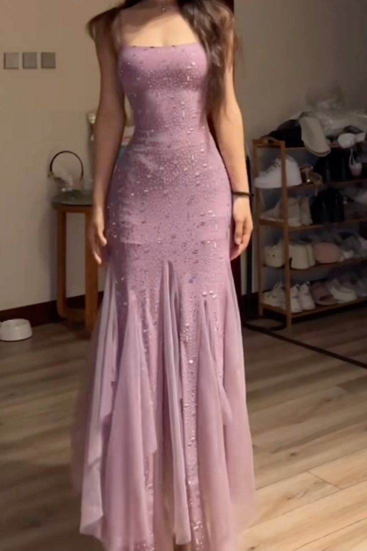 Sexy Meerjungfrau Flieder Spaghettiträger Chiffon Perlen Abendkleid 21. Geburtstag Ballkleider N2757
