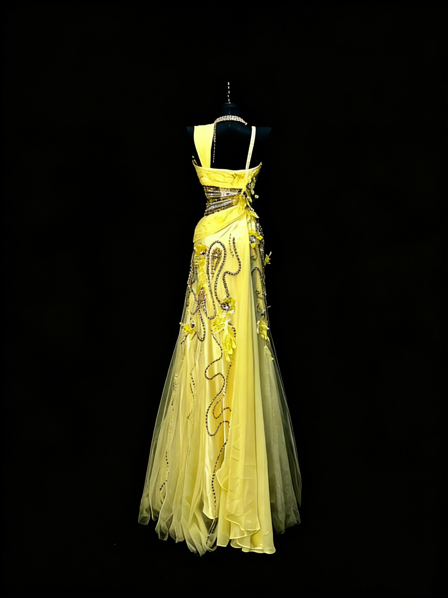 Robe de bal longue en mousseline jaune, bustier cœur, style sirène, ornée de perles, idéale pour les jeunes filles (N1191).