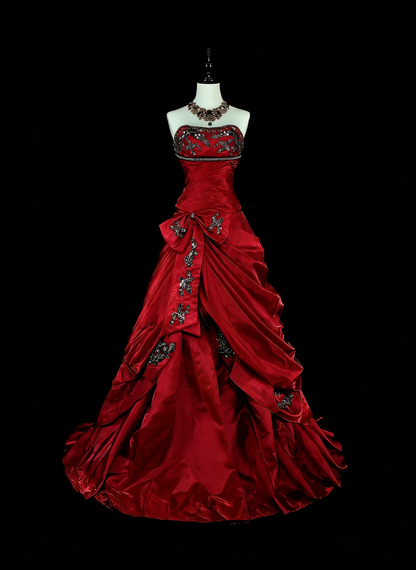 Robe de bal sirène rouge vintage sans bretelles avec perles, sans manches, années 80, longue robe de soirée formelle N1473