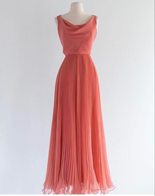 Schlichtes A-Linien-Abendkleid aus korallefarbenem Chiffon mit Falten, knöchellang, Ballkleid N2685