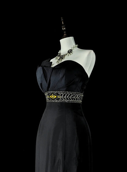 Vintage Prom Dresses Aesthetic 1970s Retro Mermaid Black Satin Long Formal Dress N2151