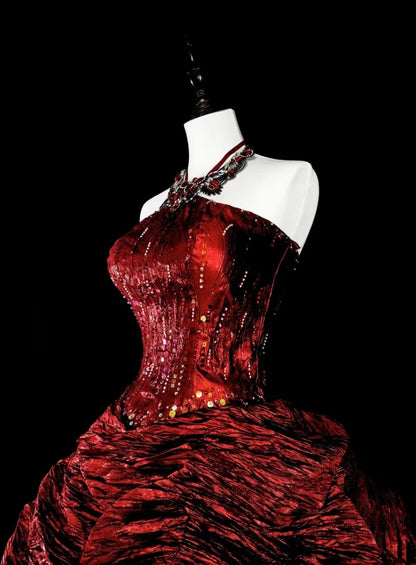 Robes de bal modestes en taffetas bordeaux avec encolure licou et volants, longue robe de quinceañera N3067