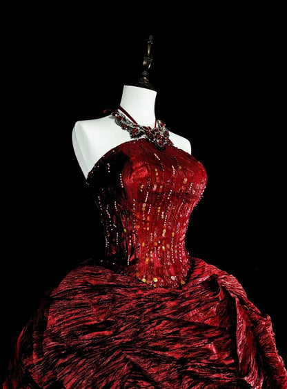 Robes de bal modestes en taffetas bordeaux avec encolure licou et volants, longue robe de quinceañera N3067