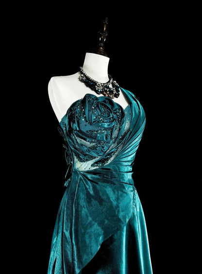 Robes de bal vintage, esthétique rétro années 1950, élégantes, coupe trapèze, vert foncé, longues, inspiration robes de soirée N1992