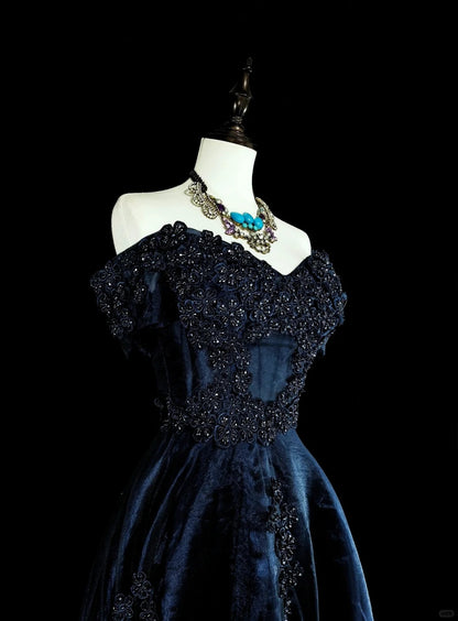 Robes de bal vintage pour le bal de promo, en tulle bleu marine, avec applications, années 80, longues robes de soirée N2720