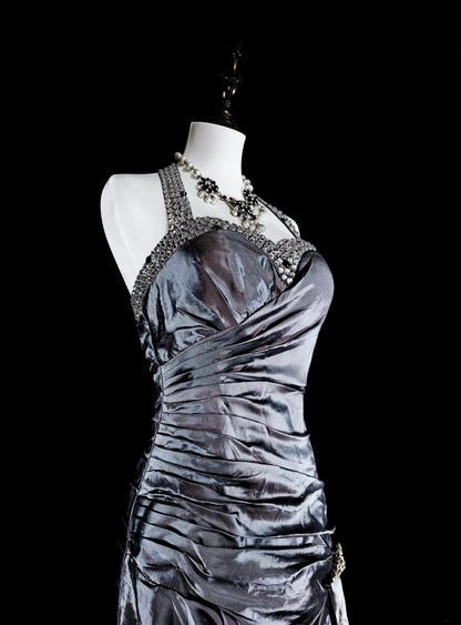 Robe de bal vintage sirène à col halter en taffetas gris, inspiration classique, robe de soirée formelle N1998