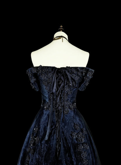 Robes de bal vintage pour le bal de promo, en tulle bleu marine, avec applications, années 80, longues robes de soirée N2720