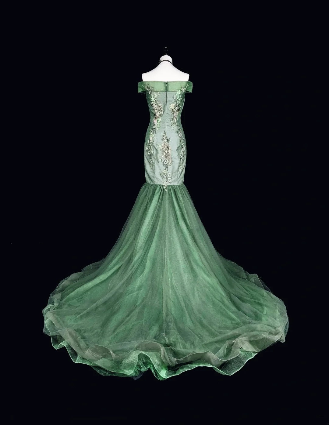 Robe de bal longue vintage sirène vert sauge à épaules dénudées, en dentelle, années 70, référence N1836