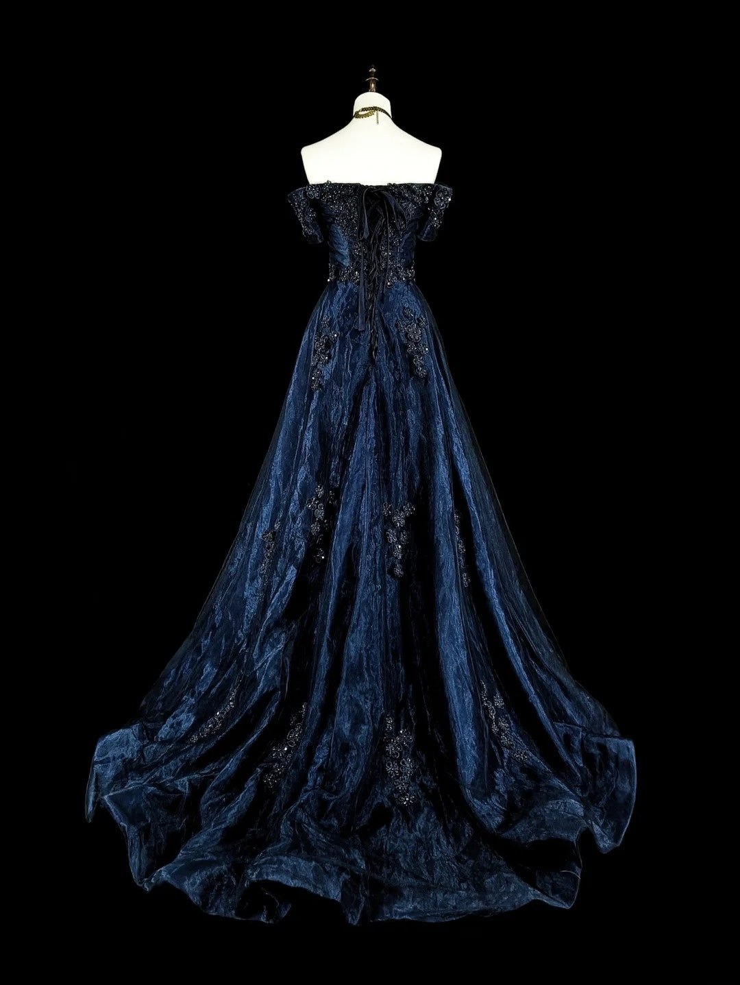 Robes de bal vintage pour le bal de promo, en tulle bleu marine, avec applications, années 80, longues robes de soirée N2720