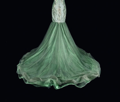 Robe de bal longue vintage sirène vert sauge à épaules dénudées, en dentelle, années 70, référence N1836
