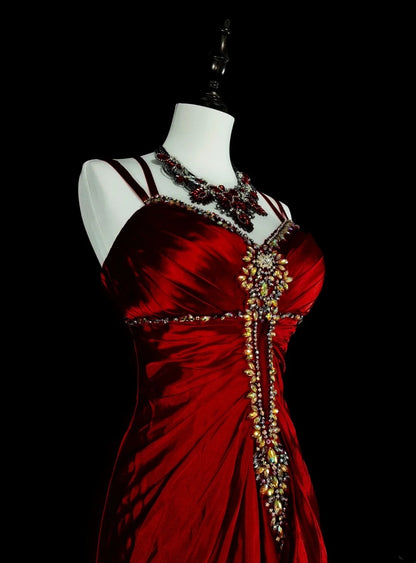 Vintage Ballkleider Ästhetik 1950er Jahre Retro Meerjungfrau Dunkelrot Rückenloses Langes Partykleid N2023