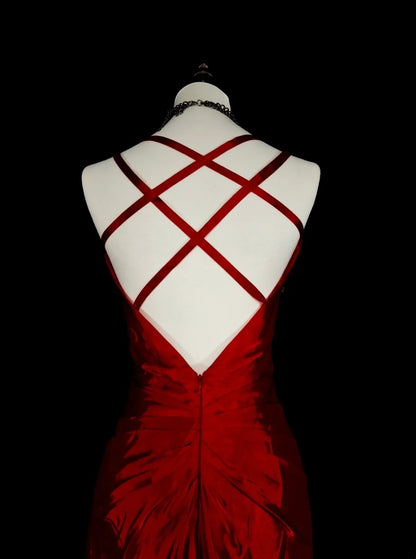 Vintage Ballkleider Ästhetik 1950er Jahre Retro Meerjungfrau Dunkelrot Rückenloses Langes Partykleid N2023