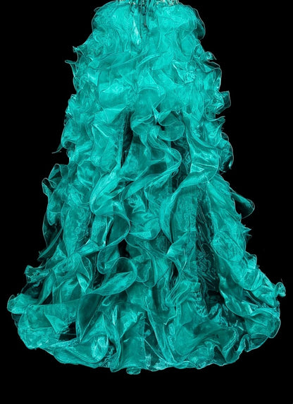 Robe de bal longue vintage années 1760, bustier cœur, en organza vert, sans manches, à volants superposés, N1588