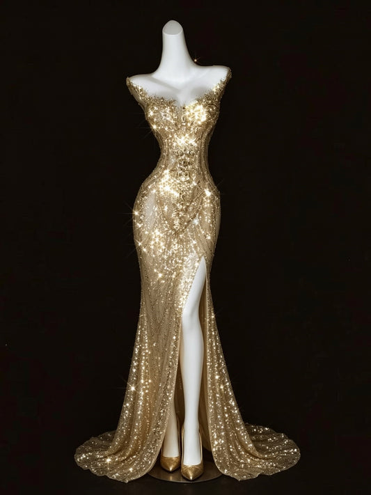 Elegant Mermaid Gold With Split Long Prom Dresses Inspiration Party For Outfits Every Occasion Formal Gown RB8946