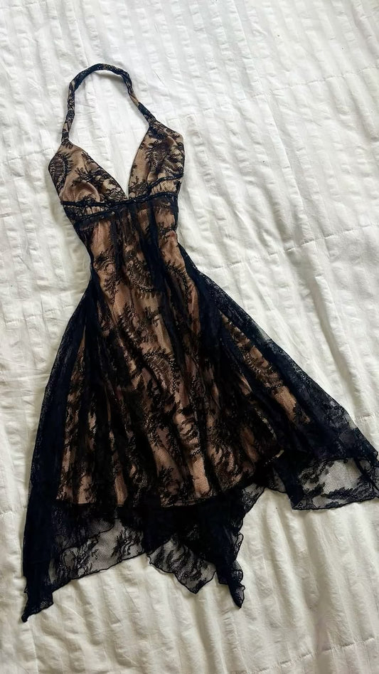 Black Lace Short Homecoming Dress Halter Sleeveless Mini Hoco Dress RB9280
