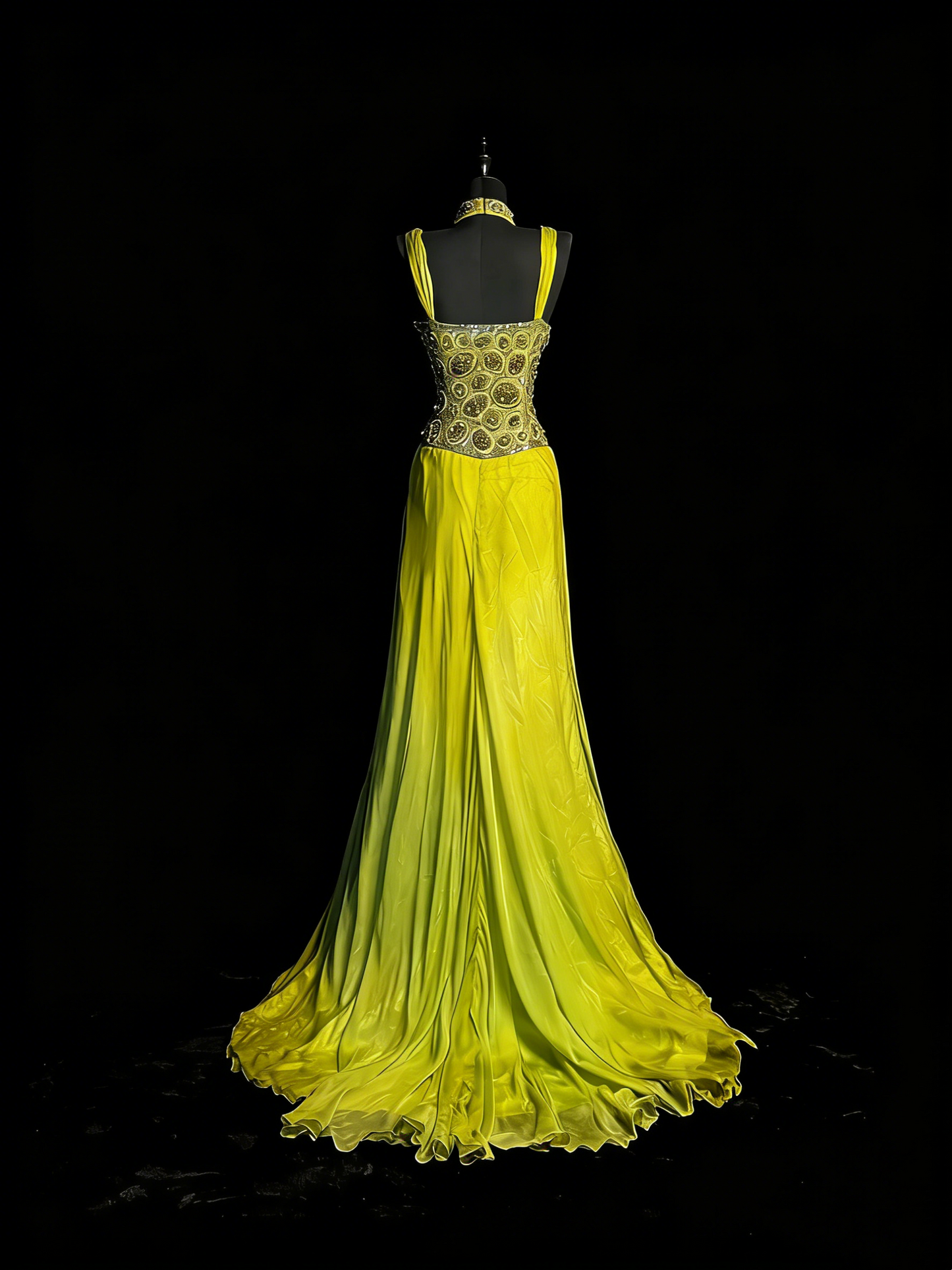 Robe de bal longue en satin vert, coupe trapèze, col montant et corsage orné de perles, idéale pour les jeunes filles (N1192).