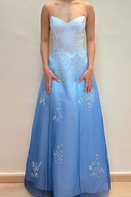 Vintage Y2K A-Linie 2000er Blaues Ombre-Kleid Farbverlauf Herzausschnitt Abendkleid 21. Geburtstag Abschlussballkleider N2694