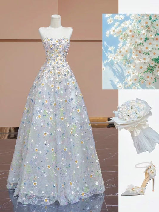 Niedliches, trägerloses Ballkleid aus floralem Tüll für Damen, langes, formelles Abendkleid, Ballkleid zum 20. Geburtstag AB1310