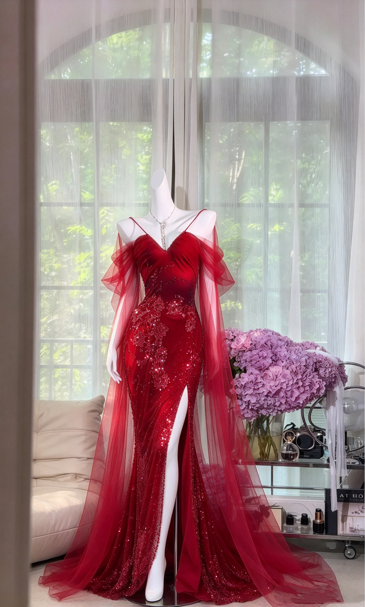 Sexy Mermaid Spaghetti Straps Red Tulle Beaded Long Prom Dresses Inspo Party Gown RC1289